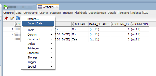 SQL Developer Actions Menu